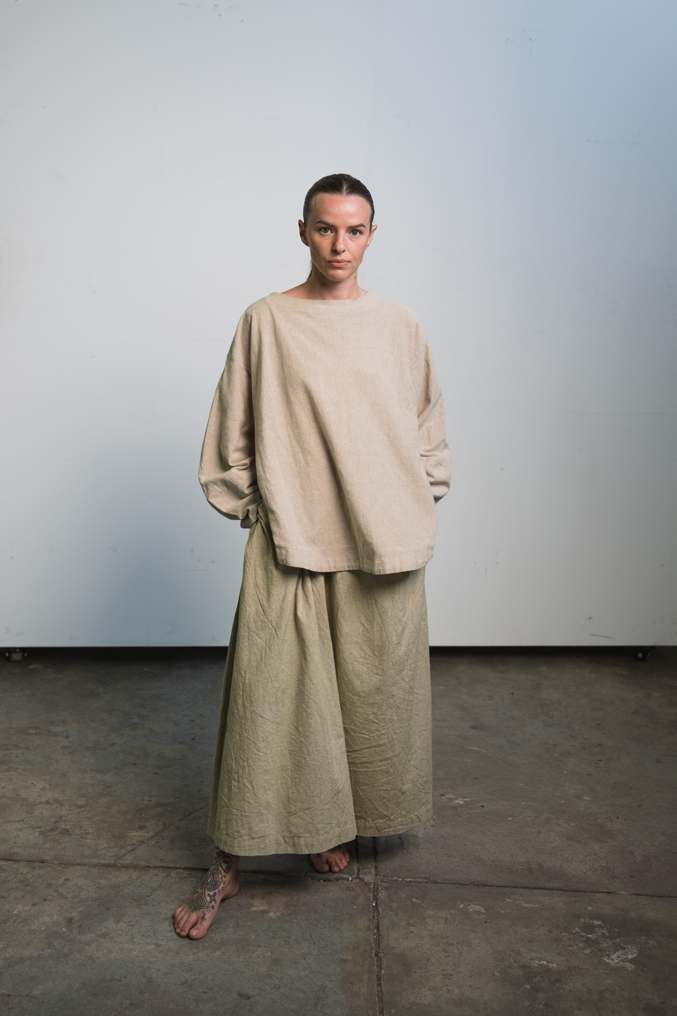 Ash organic handwoven cotton long sleeve top with oversized fit and round neckline
