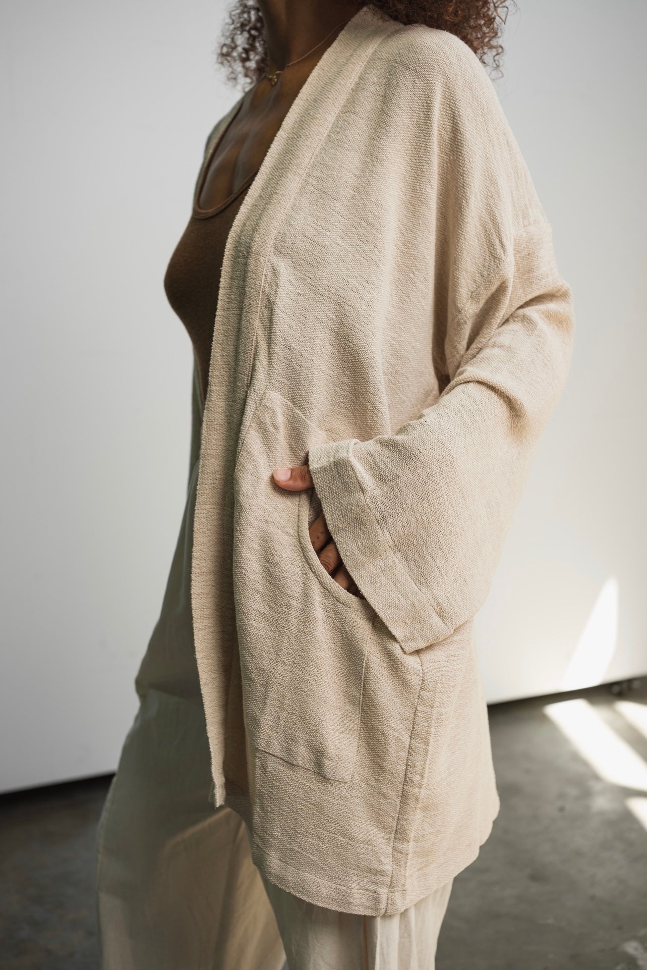 Gicha and noil silk garment in handspun basket weave fabric made from recycled silk