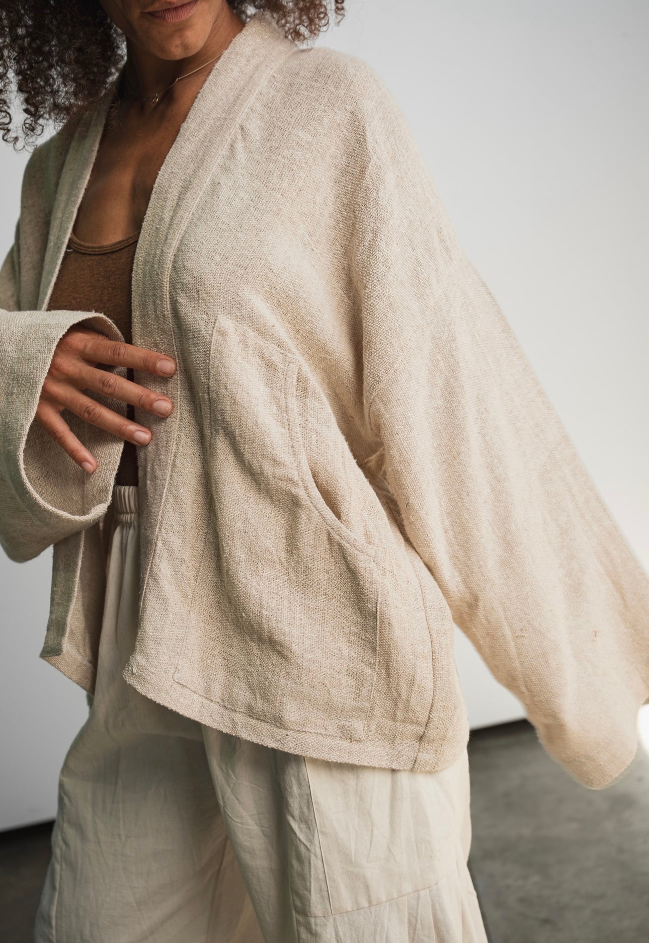 Handspun gicha and noil silk garment in basket weave fabric made from leftover materials
