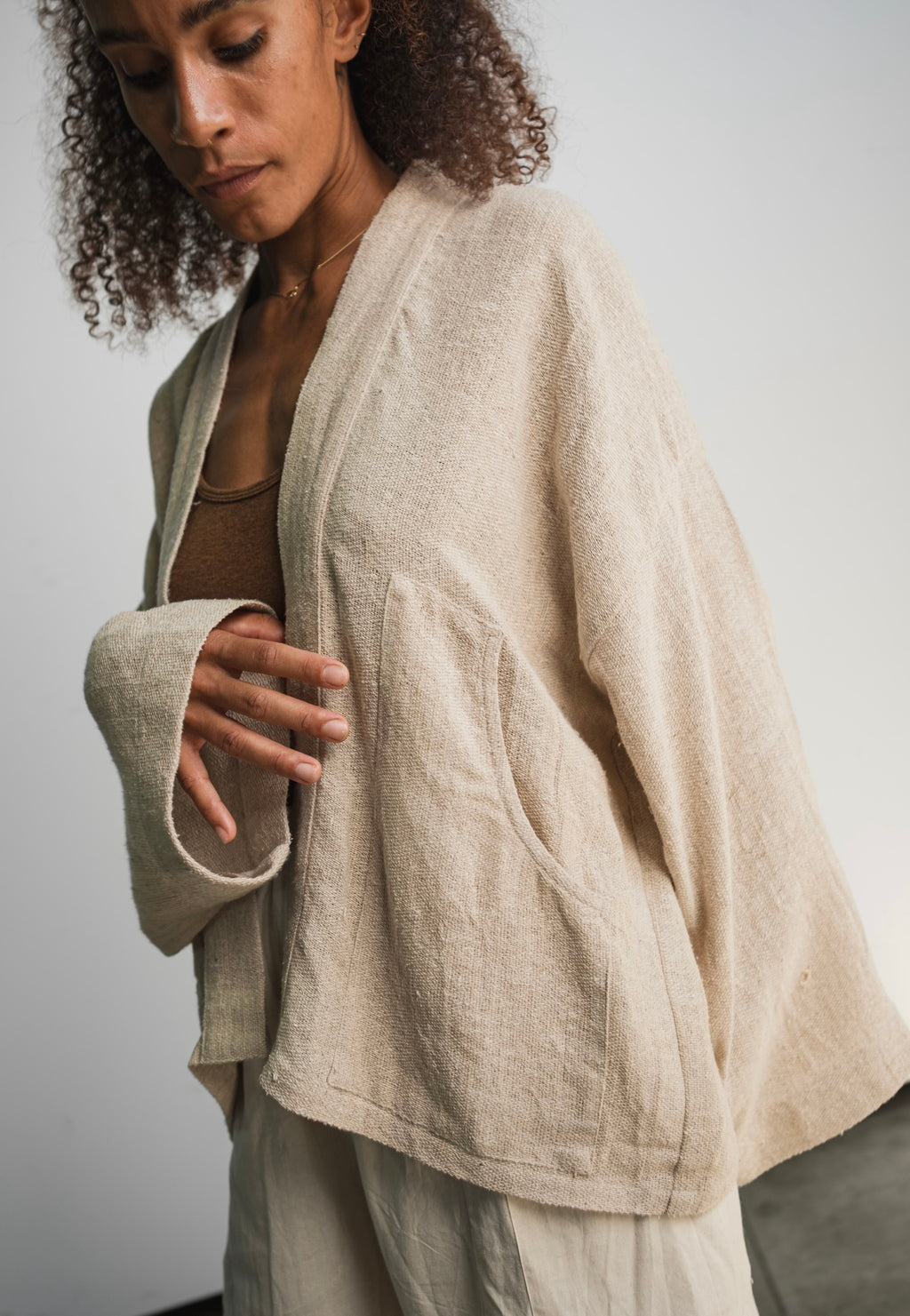 Handspun gicha and noil silk garment in basket weave fabric made from leftover materials
