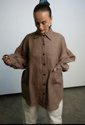 Heavy linen dress shirt with classic collar, buffalo horn buttons, and tapered sleeves
