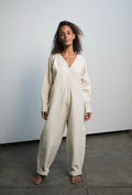 Oversized raw undyed cotton canvas jumpsuit with relaxed everyday fit
